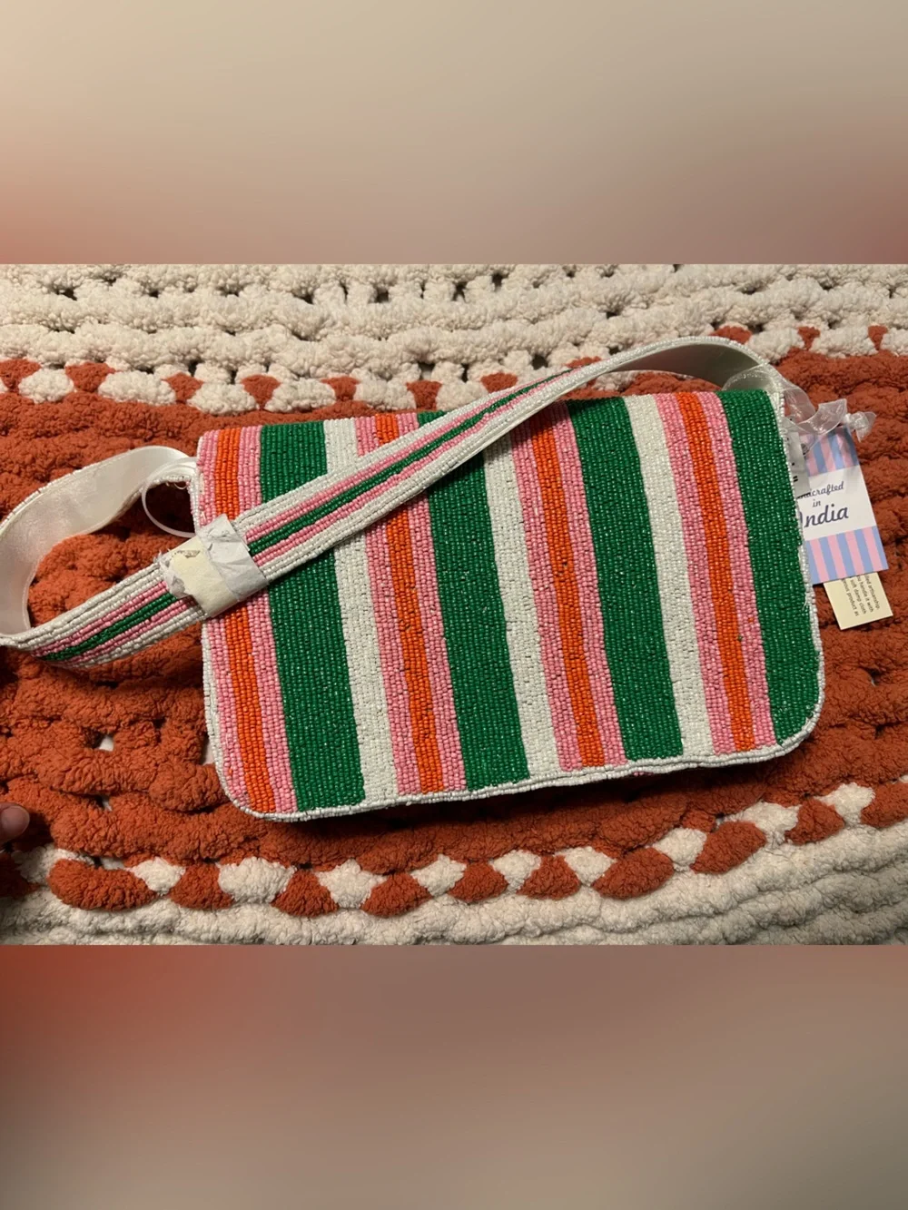 Handmade in India Fully Beaded Stripe Bag - Green, Pink & Orange